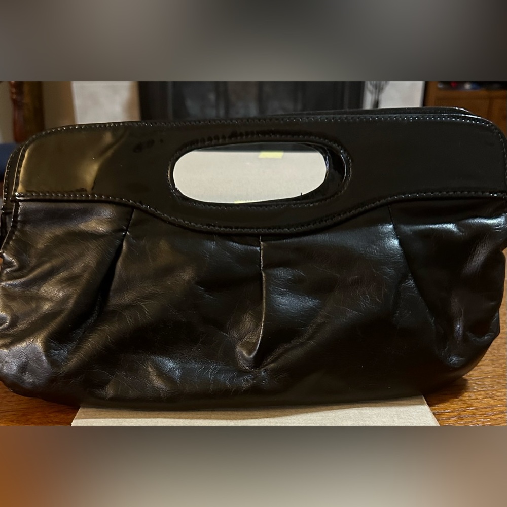 D.Bag Black Patent Leather Clutch Bag. with snap closure.  12” Wide x 7” Long.